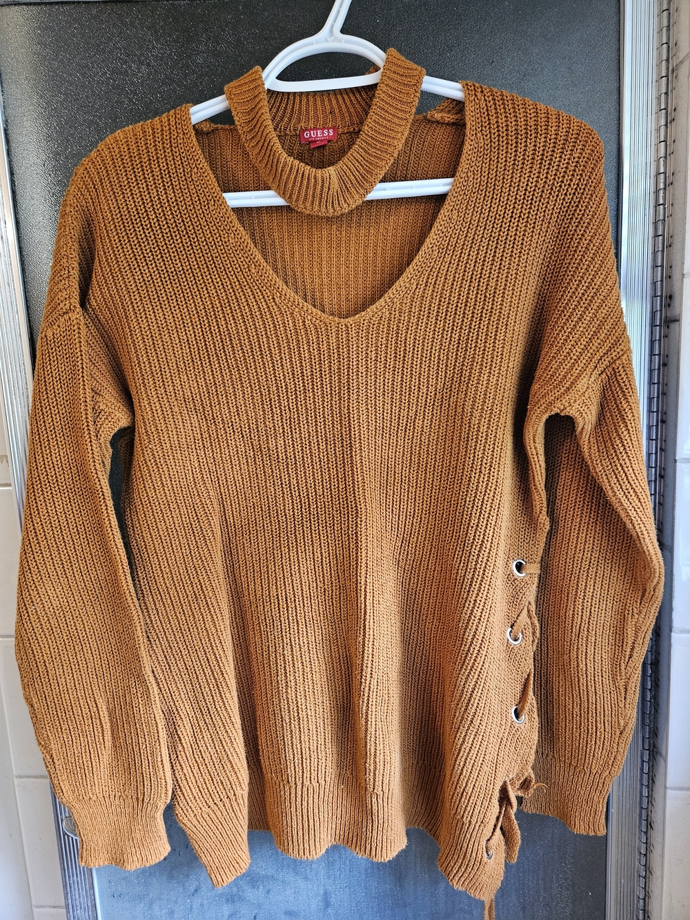 GUESS Women's Gold/copper Knit V-Neck Sweater with Side Lace-Up